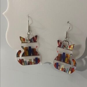 Cat-Shaped Earrings with Bookshelf Design